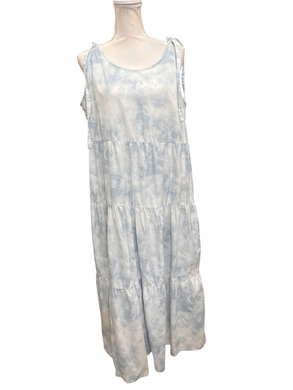 Beach Lunch Lounge Blue Tie Dye Linen Blend Tiered Midi Dress XL Adjustable - Picture 2 of 11
